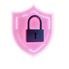 This image presents a stylized 3D illustration of a padlock symbol displayed prominently within a glowing shield shape, set against a contrasting black background with a modern, vibrant aesthetic.