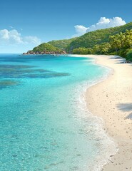A tranquil tropical beach scene showcases a pristine shoreline with turquoise water lapping gently at the white sand.