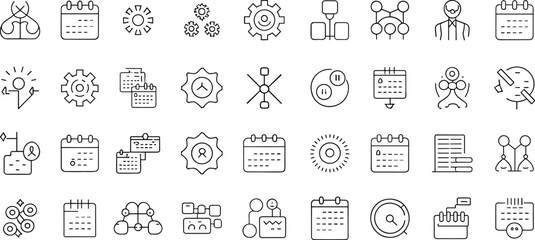 Business management icon set, project planning symbols, workflow process, calendar schedule, teamwork strategy, corporate organization, productivity, vector outline illustration.