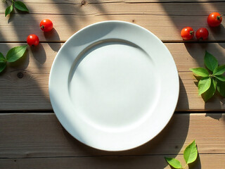 White Ceramic Plate with Red Tomatoes and Green Leaves on Wooden Surface Ai-Generated