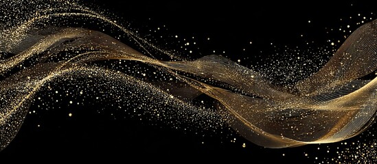 Golden glittering particles flowing on black background