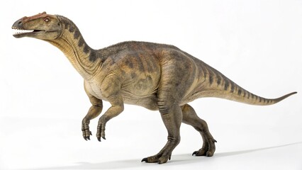 Obraz premium Maiasaura, a large herbivorous dinosaur with duck-billed snout and robust body, isolated on a clean white studio background, sharp focus, professional lighting, detailed prehistoric illustration
