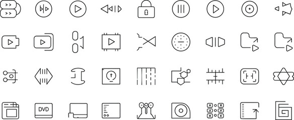 Media player icons set, multimedia vector, audio controls, video symbols, play button, pause, fast forward, rewind, music, playlist, interface.