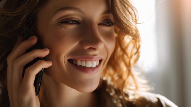 Close-up of a happy young woman talking on his smartphone