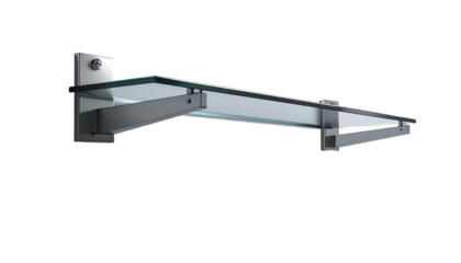 Modern transparent glass shelf, mounted on a brushed metal bracket, is depicted in a shot against a solid black backdrop, emphasizing minimalist style, functionality, and a clean design aesthetic.