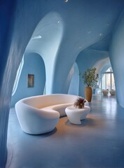 A light-blue, flowing interior space features an abstract curved sofa and coffee table, bathed in soft light.