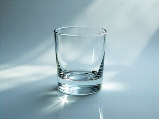 Clear Glass Tumbler on Reflective Surface with Blue Gradient Background Ai-Generated