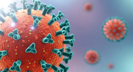 Closeup of a coronavirus cell with spikes on a blue gradient background