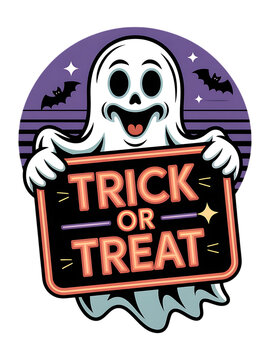 Friendly cartoon ghost holding a trick or treat sign with bats and stars isolated on transparent background