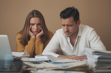 Couple arguing over finances with stressed expressions at a table