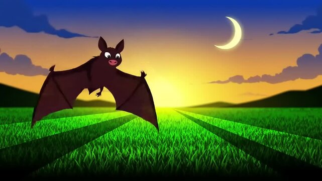 Cartoon bat flying over grassy field at sunset with crescent moon and horizon view
