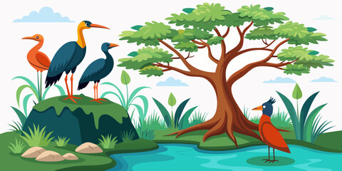 Naklejka premium Vibrant flock of exotic birds gathers by tranquil waterside near a majestic tree, showcasing serene natural beauty and avian life in a playful, stylized illustration