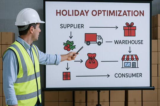 Man in safety vest and hard hat presenting holiday supply chain optimization diagram on whiteboard with truck, warehouse, gift, store and arrows showing flow and planning
