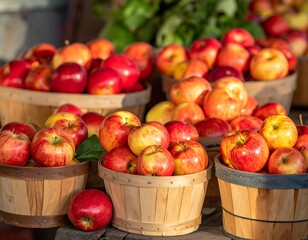Fresh apples in wooden baskets