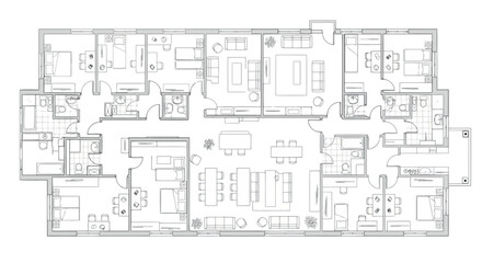 Vector art of detailed floor plan of a large apartment or house with multiple rooms