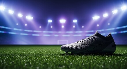 A lone dark soccer cleat rests on lush green grass under stadium lights