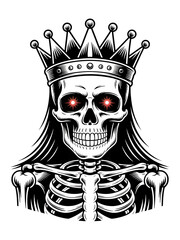 Gothic king skeleton wearing ornate crown with glowing red eyes isolated on transparent background