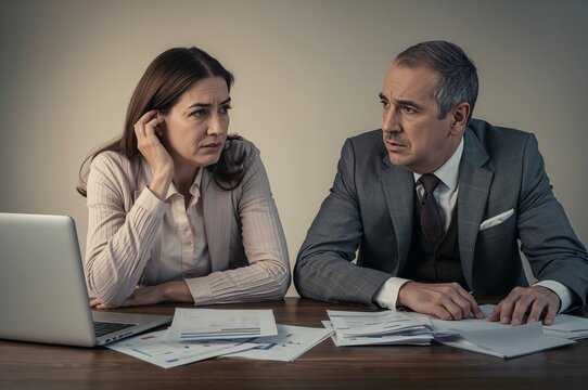 Couple arguing over finances while sitting at desk with papers   - Powered by Adobe