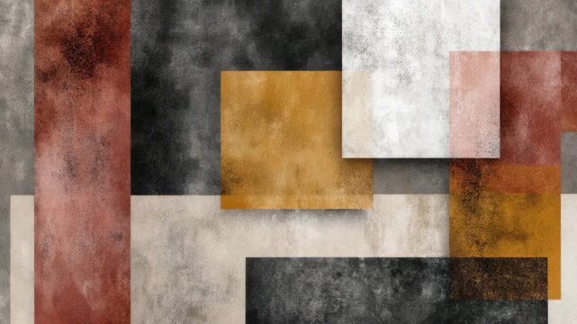 Abstract geometric composition featuring textured rectangles in earthy tones on a grunge background, expressing modern minimalism concept
