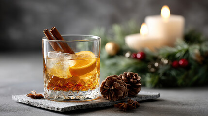 Cozy whiskey cocktail with orange slice, ice cube and cinnamon sticks near pine cone and lit candles creating warm festive holiday atmosphere