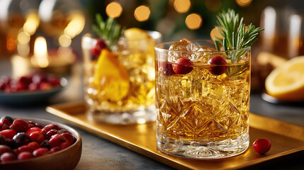 Classic whiskey cocktail with ice, cranberry garnish, rosemary sprig, orange peel, festive bokeh light, wooden tray and bowl of fresh cranberry for holiday celebration