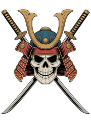 Intricate samurai skull emblem with crossed katana swords isolated on transparent background