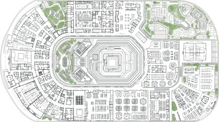 Vector art of aerial view of a large complex with a stadium, offices, and green spaces