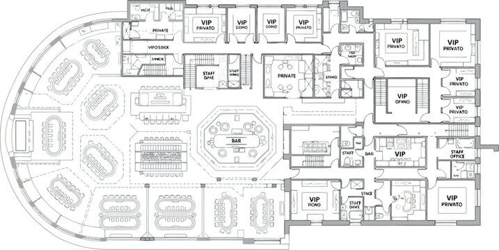 Vector art of floor plan of a large circular building with multiple rooms and seating areas