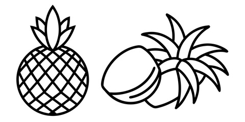 Simple outline icons of a pineapple and two exotic fruits showing freshness and tropical vibes