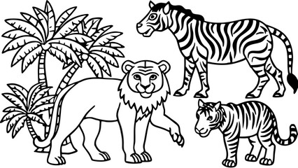 Adorable jungle animals line art set featuring lion zebra tiger and palm trees for kids