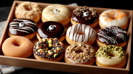 Gourmet assorted glazed donut box with chocolate, vanilla, nut and sprinkle toppings arranged in wooden tray, inviting sweet snack for breakfast or party enjoyment