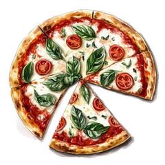 Margherita Pizza, watercolor drawing vector, isolated on a white background.