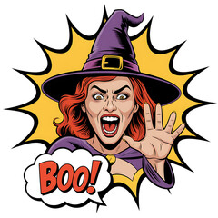 Retro pop art witch with red hair screaming boo isolated on transparent background