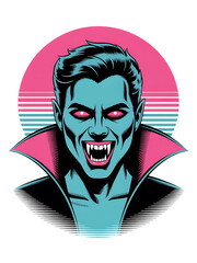 Retro synthwave vampire portrait with glowing red eyes and fangs isolated on transparent background