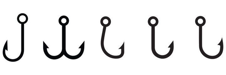 Fishing Hook Icon Set – Vector Silhouettes, Closet Hooks, and Logo Design Elements Collection