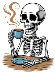 Skeleton enjoying a hot cup of coffee with steam rising isolated on transparent background2