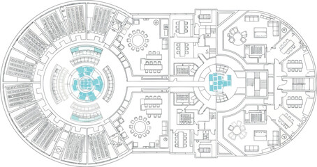 Vector art of architectural blueprint of a complex circular building with multiple wings and interior spaces