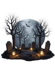 Spooky halloween cemetery scene with silhouetted trees and glowing lanterns isolated on transparent background
