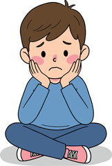 Sad boy sitting on ground, depressed child illustration, unhappy kid character, anxiety and stress concept, cartoon drawing, emotional vector art