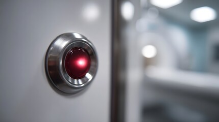 Close up of a glowing red emergency stop button on a control panel in a sterile medical setting