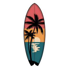 Stylized surfboard design featuring a tropical sunset with palm trees isolated on transparent background