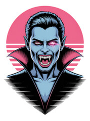Vampire portrait with glowing eyes and fangs isolated on transparent background