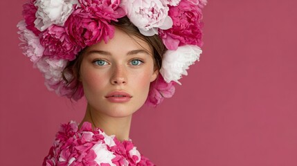 Naklejka premium Young woman with floral headpiece made of pink peonies and roses, posing against a vibrant pink background, showcasing beauty and elegance in a captivating portrait with artistic flair