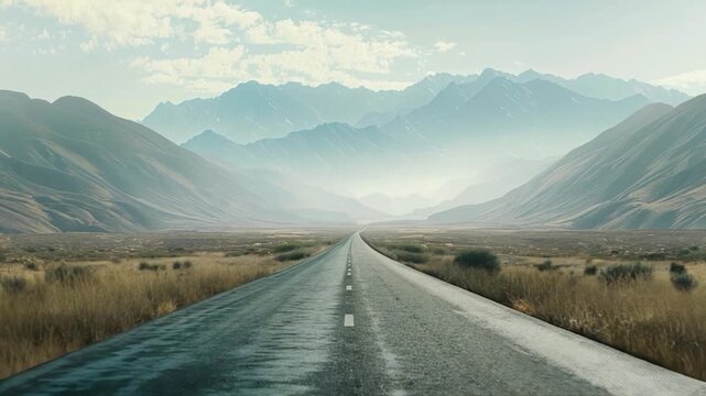 A long stretch of empty road leads into the distance, surrounded by majestic mountains