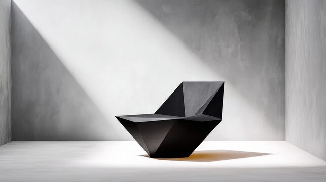 Modern black geometric chair positioned in minimalist room with soft lighting, showcasing innovative design and artistic angles, perfect for contemporary interior decor and stylish living spaces
