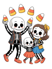 Whimsical skeleton family celebrating halloween with candy corn isolated on transparent background