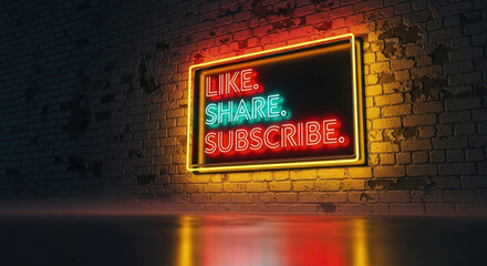 Engaging Neon Sign on Brick Wall: Like, Share, Subscribe. Perfect for Social Media Marketing, Content Creation, and Online Presence Promotion.