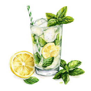 Mint Lemonade, watercolor clipart vector, isolated on a white background.