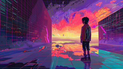 A solitary figure stands in a neon, glitching digital city as a vivid sunset blooms. Futuristic, dreamlike mood with bold grids, glowing reflections, and a sense of exploration.