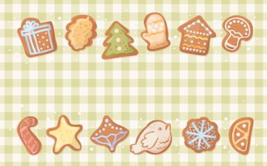 Festive christmas background with cute gingerbread cookies on green a gingham background. Festive vector illustration with biscuit different shapes and copyspace.